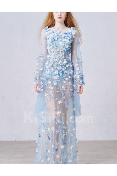 Tulle Scoop Floor Length Long Sleeve Sheath Dress with Handmade Flowers