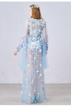 Tulle Scoop Floor Length Long Sleeve Sheath Dress with Handmade Flowers