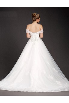 Lace, Tulle Off-the-Shoulder Cathedral Train A-line Dress with Handmade Flowers