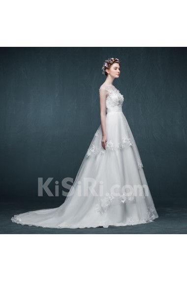 Organza, Satin Bateau Chapel Train Cap Sleeve A-line Dress with Lace, Sequins