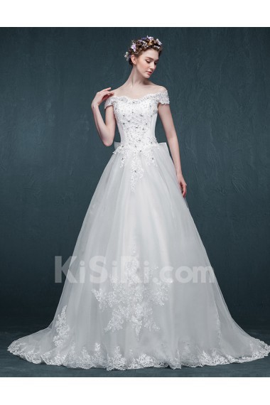 Lace, Tulle Off-the-Shoulder Sweep Train A-line Dress with Rhinestone, Bow