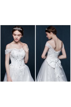 Lace, Tulle Off-the-Shoulder Sweep Train A-line Dress with Rhinestone, Bow