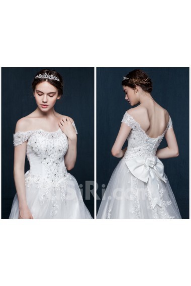 Lace, Tulle Off-the-Shoulder Sweep Train A-line Dress with Rhinestone, Bow