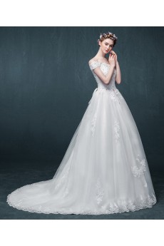 Lace, Tulle Off-the-Shoulder Sweep Train A-line Dress with Rhinestone, Bow