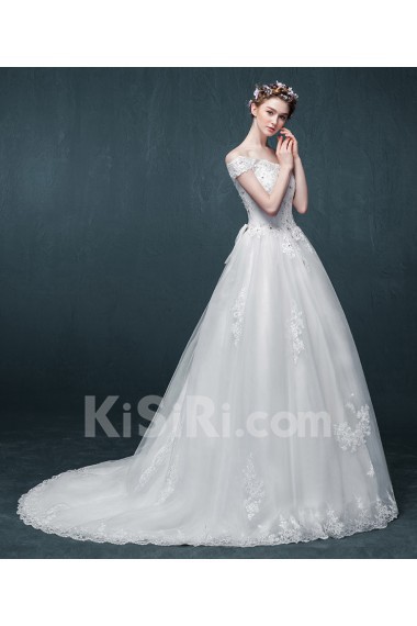 Lace, Tulle Off-the-Shoulder Sweep Train A-line Dress with Rhinestone, Bow