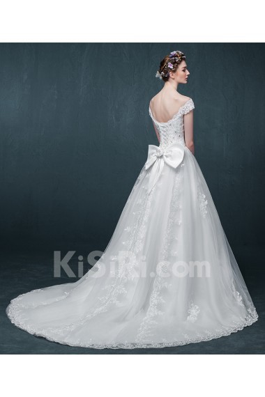 Lace, Tulle Off-the-Shoulder Sweep Train A-line Dress with Rhinestone, Bow