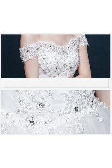 Lace, Tulle Off-the-Shoulder Sweep Train A-line Dress with Rhinestone, Bow