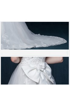 Lace, Tulle Off-the-Shoulder Sweep Train A-line Dress with Rhinestone, Bow