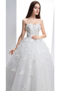 Lace, Tulle Strapless Chapel Train Sleeveless Ball Gown Dress with Handmade Flowers, Sequins, Rhinestone