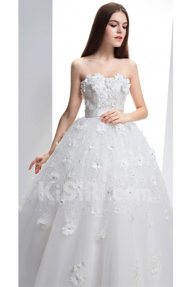 Lace, Tulle Strapless Chapel Train Sleeveless Ball Gown Dress with Handmade Flowers, Sequins, Rhinestone