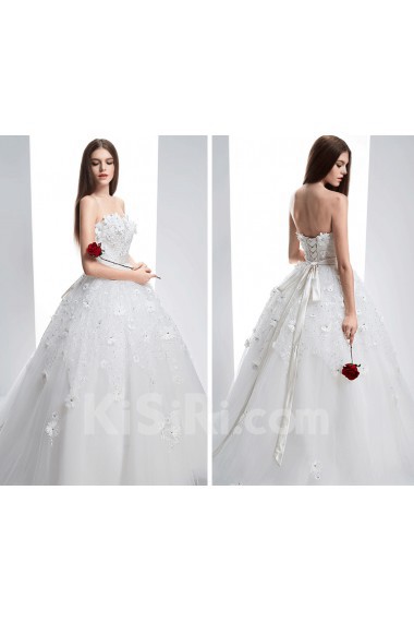 Lace, Tulle Strapless Chapel Train Sleeveless Ball Gown Dress with Handmade Flowers, Sequins, Rhinestone