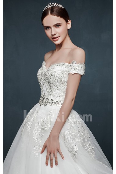 Tulle, Lace, Satin Off-the-Shoulder Sweep Train Ball Gown Dress with Rhinestone, Sash