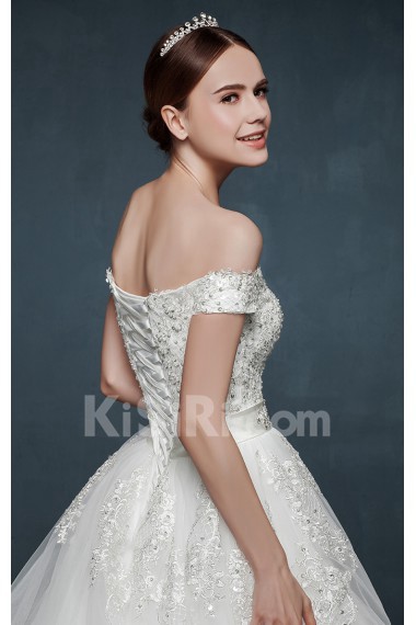 Tulle, Lace, Satin Off-the-Shoulder Sweep Train Ball Gown Dress with Rhinestone, Sash