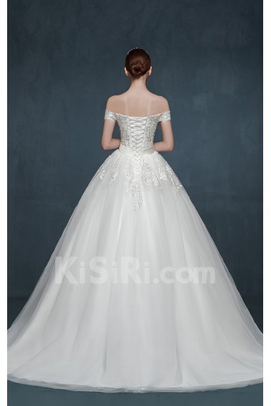 Tulle, Lace, Satin Off-the-Shoulder Sweep Train Ball Gown Dress with Rhinestone, Sash