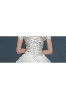 Tulle, Lace, Satin Off-the-Shoulder Sweep Train Ball Gown Dress with Rhinestone, Sash