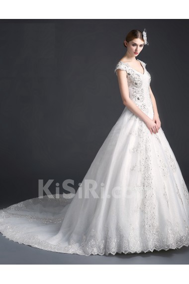 Tulle, Lace V-neck Cathedral Train Cap Sleeve Ball Gown Dress with Sequins, Rhinestone