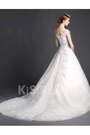 Tulle, Lace V-neck Cathedral Train Cap Sleeve Ball Gown Dress with Sequins, Rhinestone