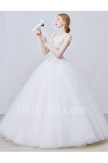 Lace, Tulle, Satin V-neck Floor Length Sleeveless Ball Gown Dress with Bead, Rhinestone