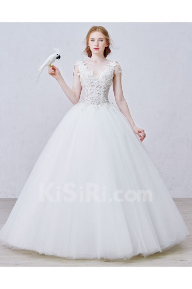 Lace, Tulle, Satin V-neck Floor Length Sleeveless Ball Gown Dress with Bead, Rhinestone