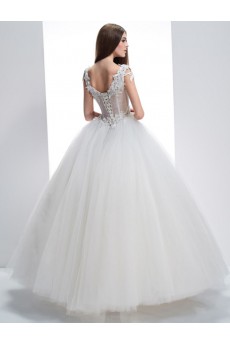 Lace, Tulle, Satin V-neck Floor Length Sleeveless Ball Gown Dress with Bead, Rhinestone