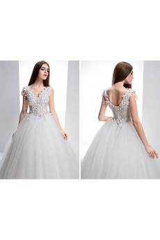 Lace, Tulle, Satin V-neck Floor Length Sleeveless Ball Gown Dress with Bead, Rhinestone