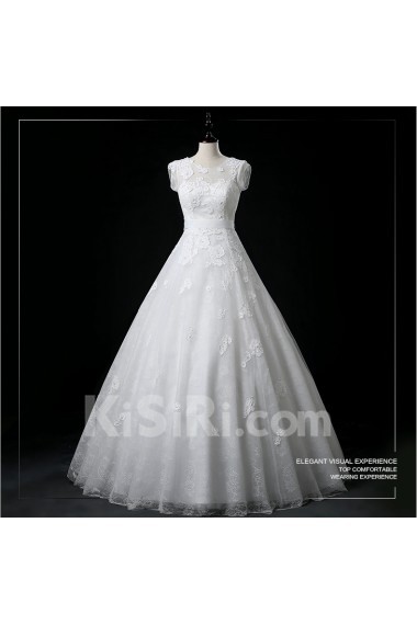 Tulle, Lace Jewel Floor Length Cap Sleeve A-line Dress with Sequins, Sash