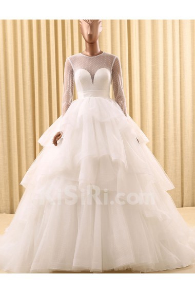 Tulle Jewel Sweep Train Long Sleeve Ball Gown Dress