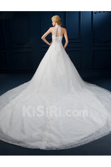 Tulle, Lace Halter Cathedral Train Sleeveless A-line Dress with Pearl