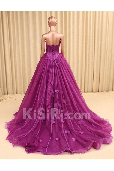 Organza Strapless Sweep Train Sleeveless Ball Gown Dress with Handmade Flowers