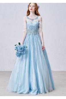 Tulle Scoop Floor Length Sleeveless A-line Dress with Sequins, Rhinestone