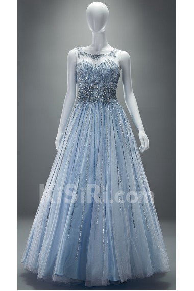 Tulle Scoop Floor Length Sleeveless A-line Dress with Sequins, Rhinestone