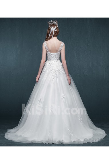 Tulle, Organza, Lace Scoop Sweep Train Sleeveless Ball Gown Dress with Embroidered, Rhinestone