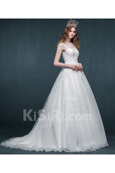 Tulle, Organza, Lace Scoop Sweep Train Sleeveless Ball Gown Dress with Embroidered, Rhinestone