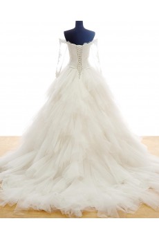 Lace, Tulle Off-the-Shoulder Chapel Train Long Sleeve Ball Gown Dress with Beads