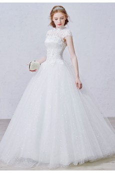 Lace, Tulle, Tulle High Collar Floor Length Cap Sleeve Ball Gown Dress with Handmade Flowers, Rhinestone, Bead