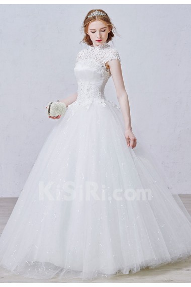 Lace, Tulle, Tulle High Collar Floor Length Cap Sleeve Ball Gown Dress with Handmade Flowers, Rhinestone, Bead