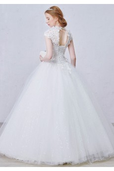 Lace, Tulle, Tulle High Collar Floor Length Cap Sleeve Ball Gown Dress with Handmade Flowers, Rhinestone, Bead