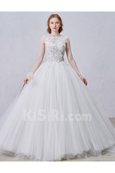 Lace, Tulle Bateau Sweep Train Sleeveless Ball Gown Dress with Handmade Flowers, Rhinestone