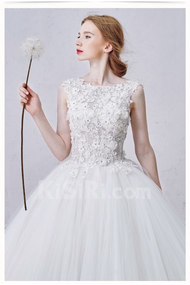 Lace, Tulle Bateau Sweep Train Sleeveless Ball Gown Dress with Handmade Flowers, Rhinestone