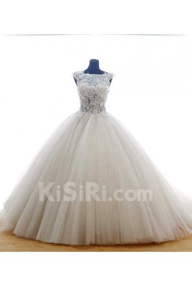 Lace, Tulle Bateau Sweep Train Sleeveless Ball Gown Dress with Handmade Flowers, Rhinestone