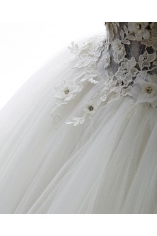 Lace, Tulle Bateau Sweep Train Sleeveless Ball Gown Dress with Handmade Flowers, Rhinestone