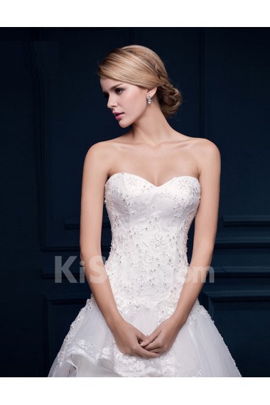 Tulle, Lace Sweetheart Chapel Train Sleeveless A-line Dress with Bow