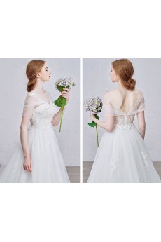 Lace, Tulle Strapless Sweep Train Sleeveless A-line Dress with Handmade Flowers