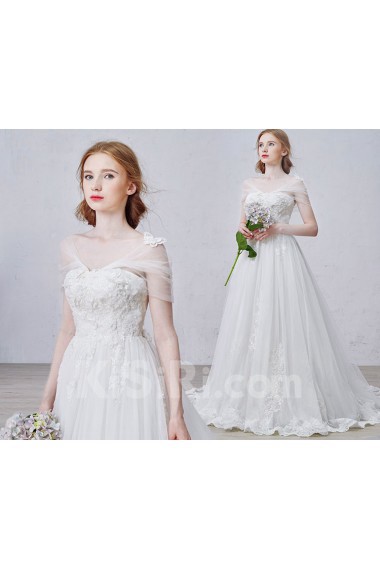 Lace, Tulle Strapless Sweep Train Sleeveless A-line Dress with Handmade Flowers