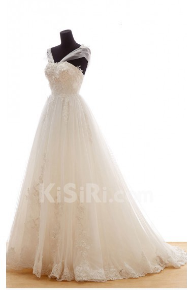 Lace, Tulle Strapless Sweep Train Sleeveless A-line Dress with Handmade Flowers