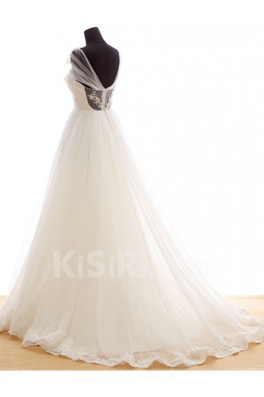 Lace, Tulle Strapless Sweep Train Sleeveless A-line Dress with Handmade Flowers