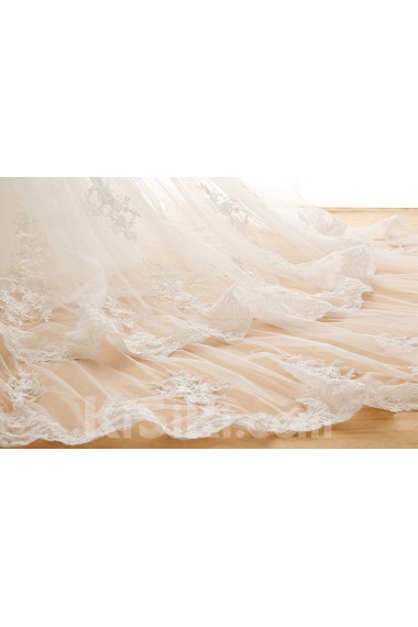 Lace, Tulle Strapless Cathedral Train Sleeveless A-line Dress with Handmade Flowers