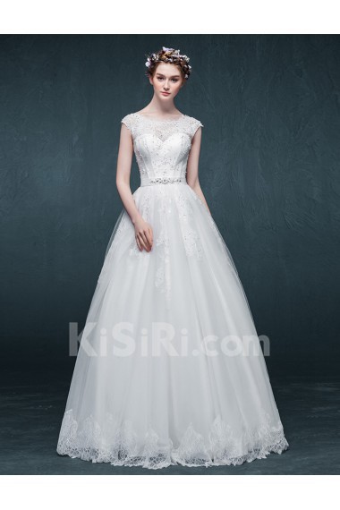 Tulle, Satin Scoop Floor Length Cap Sleeve A-line Dress with Rhinestone, Sash