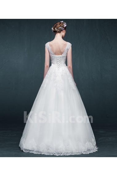 Tulle, Satin Scoop Floor Length Cap Sleeve A-line Dress with Rhinestone, Sash