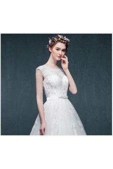 Tulle, Satin Scoop Floor Length Cap Sleeve A-line Dress with Rhinestone, Sash